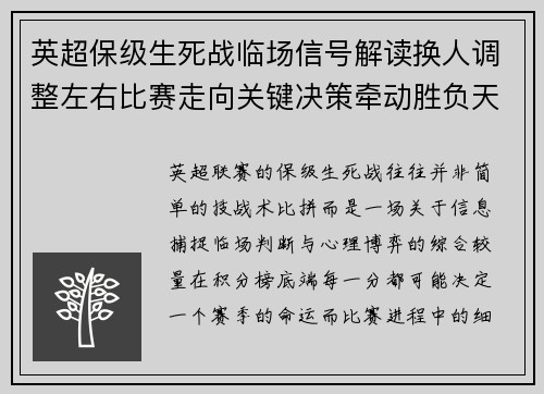 英超保级生死战临场信号解读换人调整左右比赛走向关键决策牵动胜负天平