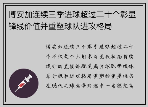 博安加连续三季进球超过二十个彰显锋线价值并重塑球队进攻格局